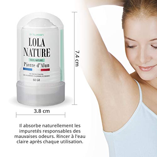 Piedra de Alumbre de Potasio Lola Nature. 3 Sticks Desodorante de 60 Gr. 100% natural. Sin paraben ni chlorhydrate de aluminio.