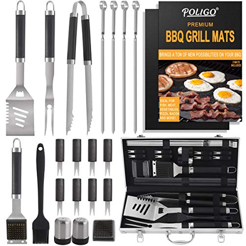 POLIGO 23 Piezas Set Barbacoa Utensilios Parrilla Barbacoa Acero Inoxidable con Estera Barbacoa - Completo Regalos Navidad Kit Barbacoa Accesorios Barbacoa Herramienta Barbacoa Regalos para Hombres