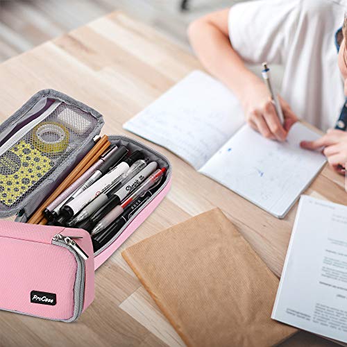 ProCase Estuche Escolar de Gran Capacidad, Bolsa de Lápiz Portable Estuche Organizador para Material Papelería con Cremallera Doble para Hombre Mujer Estudiante en Escuela Oficina –Rosado