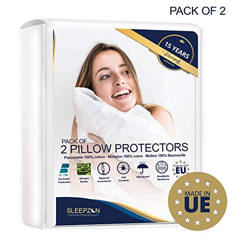 ⭐ Protector de almohada Impermeables 50x70 cm - Juego de 2 - Felpa 100% Algodón Bi-Home, Funda de Almohada Impermeables – Anti-ácaros, Antibacteriano, Anti-hongos e Hipoalérgico – Garantía de 15 años