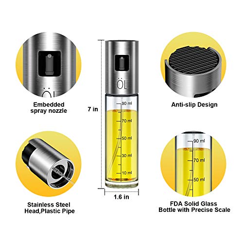 Pulverizador Aceite Cocina,Dispensador de Aceite de Oliva,Tapa de Acero Inoxidable Antideslizante Botella de Vidrio Recargable con 2 Pinceles y 1 Embudo para Barbacoa,Asar,Hornear,Ensalada-100ml