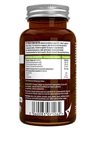 Pure & Essential Omega-3 de Aceite de Algas Vegano (DHA + EPA 600 mg) y Astaxantina, 60 cápsulas