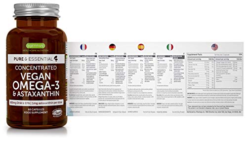 Pure & Essential Omega-3 de Aceite de Algas Vegano (DHA + EPA 600 mg) y Astaxantina, 60 cápsulas