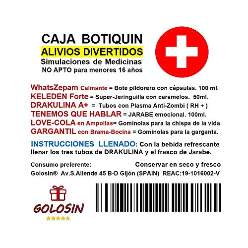 Regalo con simulación de medicinas divertidas. Con golosinas. Amigo invisible, fiestas, regalos originales.