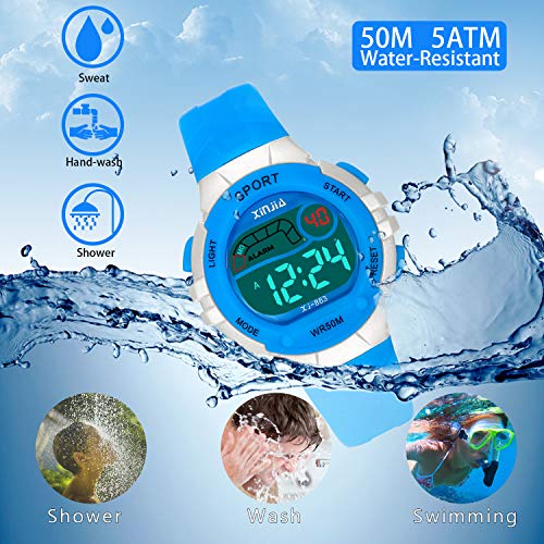 Reloj Digital para Niños Niña,Chicos Chicas 50M(5ATM) Impermeabl Deportes al Aire Libre LED Multifuncionales Relojes de Pulsera con Alarma para Niños,Niñas(Azul)