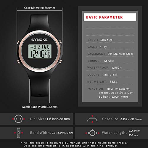 Relojes Digital Deportivo Multifunción Relojes Calendario Alarma Relojes Silicona para Mujeres Niñas, Negro