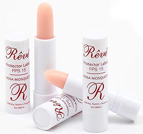 REVE Bálsamo Labial Rosa de Mosqueta FPS15 - Stick 4g - (Pack 4 Uds) Protector Labial Rosa de Mosqueta - Stick Labial Rosa de Mosqueta - Cosmética de Calidad sin parabenes - Sol y Nieve