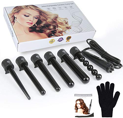 Rizador de Pelo Profesional 6 en 1 set con Conos Temperatura Ajustable Cerámicas de Turmalinas Intercambiables,Planchas rizadoras no Dañar el Pelo, con Guante