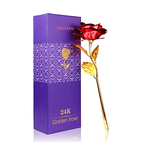 Rosa 24 K chapado en oro rosa flor con caja de regalo mejor regalo para el día de San Valentín Día de la madre Navidad cumpleaños dorado/rojo/morado/azul (Rojo)