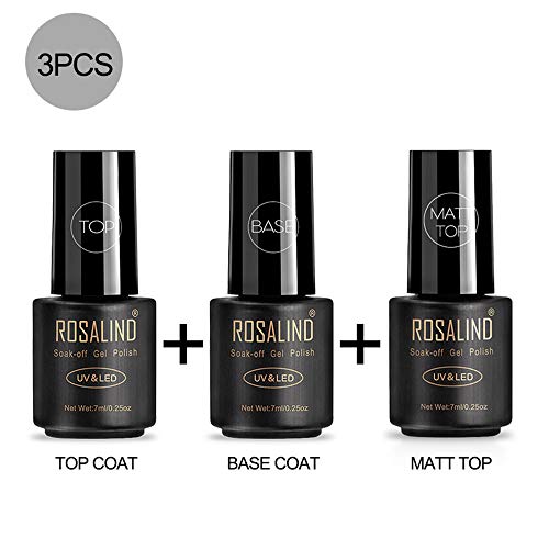 ROSALIND Base y Top Coat y Matte Top Coat Semipermentes, Esmaltes Semipermanentes de Uñas en Gel UV LED Gel Soak Off 3PCS/set 7ML