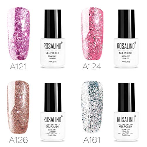 ROSALIND Glitter Rose Gold Uñas Esmalte en gel UV LED Barniz Efecto Brillante Arte Decoración Manicura Pedicura 4 botellas 7 ml