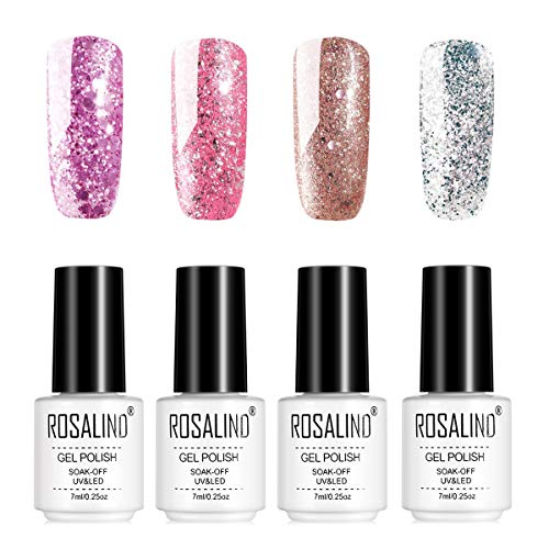 ROSALIND Glitter Rose Gold Uñas Esmalte en gel UV LED Barniz Efecto Brillante Arte Decoración Manicura Pedicura 4 botellas 7 ml