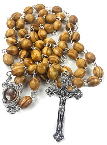 Rosario con perlas de madera de olivo para oración católica, collar con medalla de Tierra Santa y cruz de metal