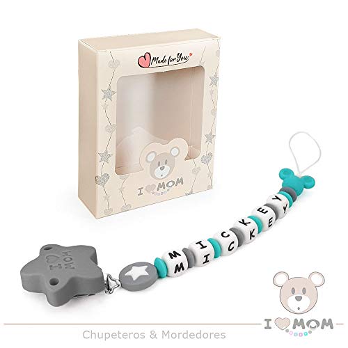 RUBY - Chupetero Personalizado para Bebe con Nombre Bola Silicona Antibacteriana con Pinza de Acero Inoxidable (Turquesa)