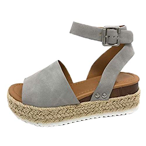 Sandalias Mujer Verano 2019 cáñamo Fondo Grueso Sandalias Punta Abierta Cuero Fondo Plano Zapatos Bohemias Romanas Hebilla Zapatillas Gris 35-43 riou