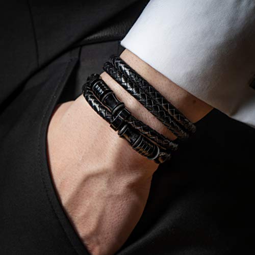 SERASAR 17cm Negro Pulsera de Cuero Hombre Chico Pulseras Hombres Brazalete Brazaletes Pulso Muñequera Muñequeras Bisuteria Bisutería Joyeria Nudos Cuerda Cuerdas Bracelet Men Jewellery Unisex Ancha