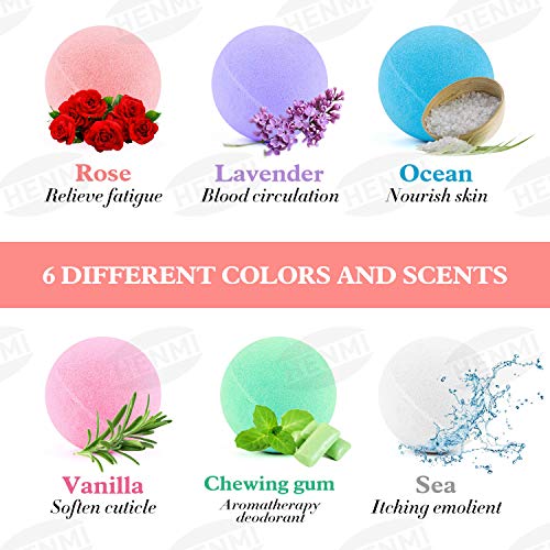 Set de regalo de bomba de baño HENMI, 6 bombas de espuma de lujo hechas a mano, bombas de spa de aceites esenciales orgánicos y naturales, regalo perfecto de cumpleaños/San Valentín/para novia