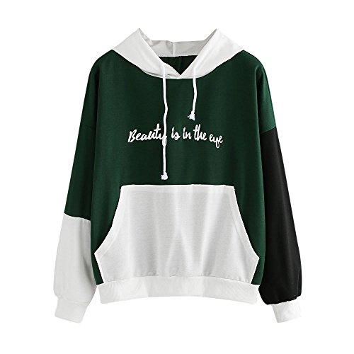 SHOBDW Liquidación Venta Letras de Las Mujeres Imprimir Patchwork Sudadera con Capucha Sudaderas con Capucha Blusa Otoño Ganador de Manga Larga con Capucha (L, Verde)