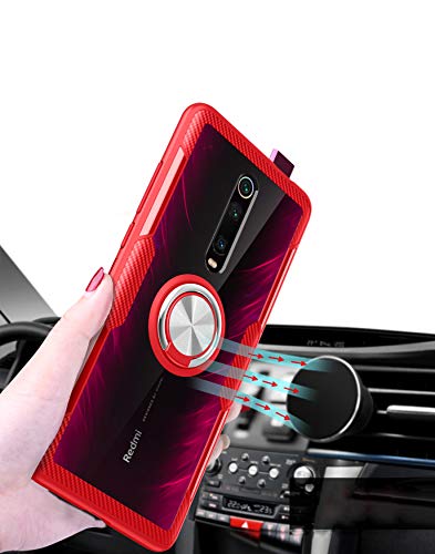 SORAKA Funda Transparente para Xiaomi Mi 9T/Mi 9T Pro con Anillo Giratorio de 360 Grados Cubierta Transparente de PC Dura+Parachoques de Silicona,con Placa de Metal para Soporte Móvil Coche Magnético