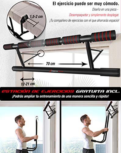 Sportstech KS500 Barra de dominadas, Estación de Ejercicios Plegable 4 en 1 con Barra de Ejercicios y Correas de entrenamineto en suspensión. Se Ajusta al Marco de Puerta sin Tornillos, Incluye EBook