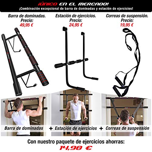 Sportstech KS500 Barra de dominadas, Estación de Ejercicios Plegable 4 en 1 con Barra de Ejercicios y Correas de entrenamineto en suspensión. Se Ajusta al Marco de Puerta sin Tornillos, Incluye EBook