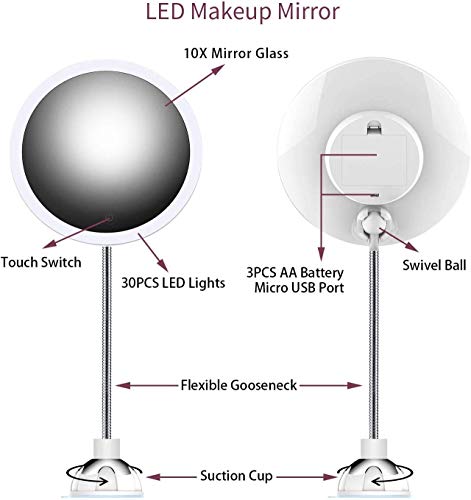 STLOVe LED Espejo de Maquillaje Aumento de 10X con Ventosa & el Cuello de Cisne Flexible Ajustable 360 ° Espejo de Baño (Mirror 4)