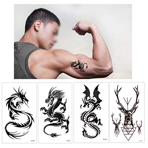 Tatuajes temporales para adultos hombre Mujer Niños (18 hojas), Konsait Fake Tatuajes Adhesivos Tatuajes de cuerpo temporales brazo cuello impermeable, Dragón Ancla Ojo Escorpión gráfica Alce