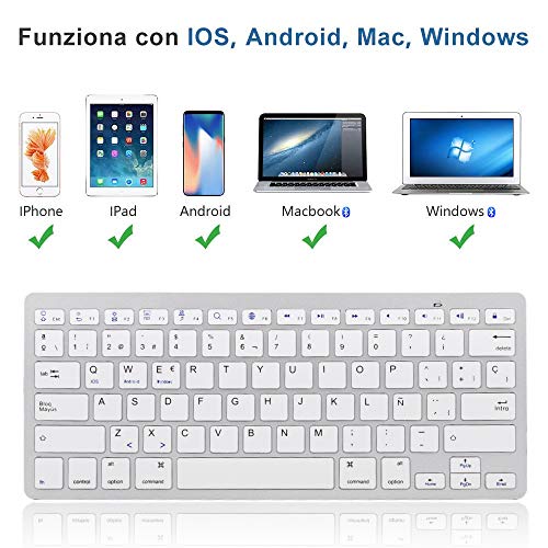 Teclado Bluetooth Español, SENGBIRCH Light Teclado Inalámbrico Portátil para iPhone de iOS, iPad, Samsung, Huawei, Android, Windows y Cualquier Dispositivo con Bluetooth, Teclado Bluetooth (Blanco)