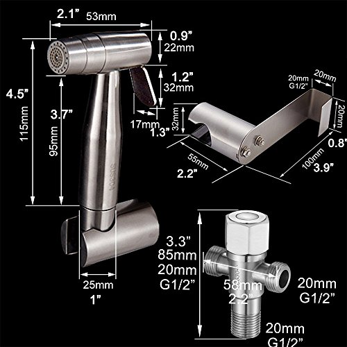 Tecmolog Ducha Bidet 2 Modos Mano Grifos de Bidé Shattaf Pulverizador Acero Inoxidable Grifo Bidet Portatil para WC, con Soporte Ducha, Valvula Desviadora y Manguera Ducha 1.2m, WS024AF2