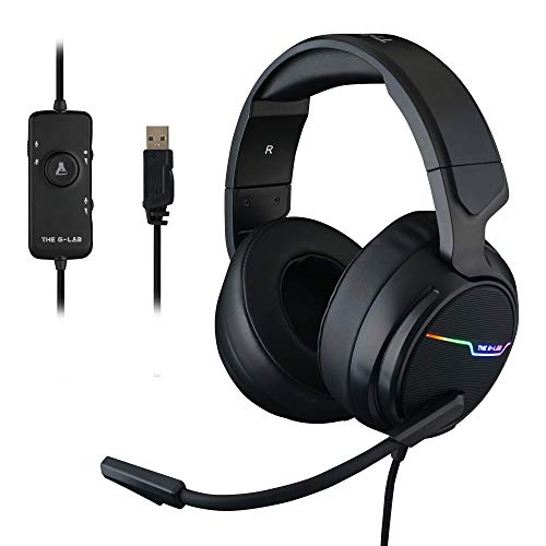 THE G-LAB Korp Thallium Cascos Gaming USB 7.1 Digital Surround - Auriculares Gaming Micrófono con cancelación de Ruido, LED RGB - Compatible con PC PS4 Mac (Negro)