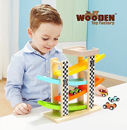 The Wooden Toy Factory - Circuito de Coches de Carreras Click Clack Racing Track con *6* Coches - Incluye Aparcamiento - No Requiere Montaje