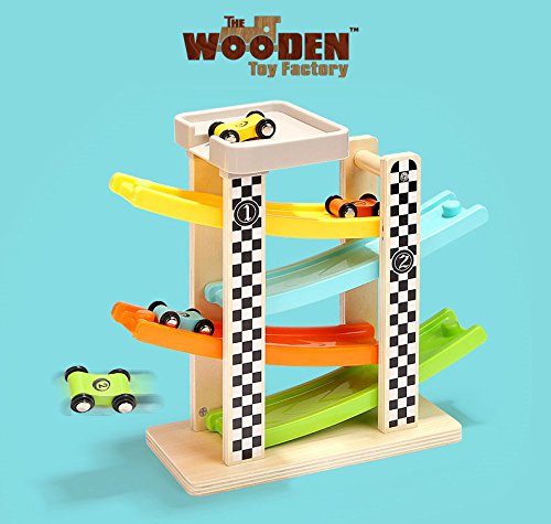 The Wooden Toy Factory - Circuito de Coches de Carreras Click Clack Racing Track con *6* Coches - Incluye Aparcamiento - No Requiere Montaje