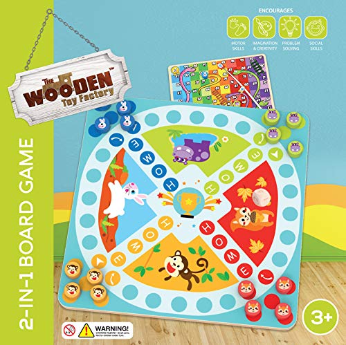 The Wooden Toy Factory - Juego de Mesa de Madera 2 en 1 - Serpientes y Escaleras / Carrera a Casa - Bono: Incluye Bolsa de Transporte para Fichas y Dados