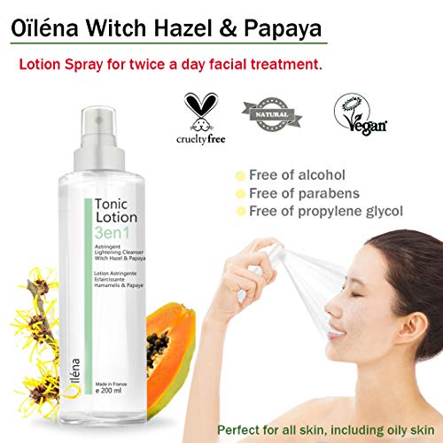 Tonico Limpiador facial Tonico facial astringente y aclarante con Agua de Hamamelis y Papaya para la piel mixta, seca, sensible y grasa Locion desmaquillante cara y ojos 200 ml