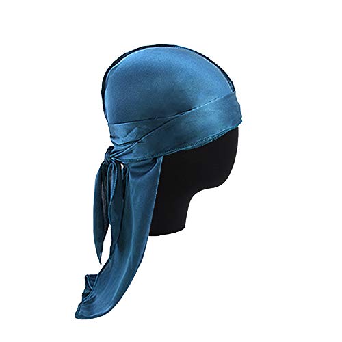 Treer 1 Piezas de Durag Bandana seda, Mujer de Sedoso Gorra de Pirata Casquillo Musulmanas Pañuelo Turbante Suave Unisex para con Cola Larga y Correa Ancha para 360 Ondas (One size,azul marino)