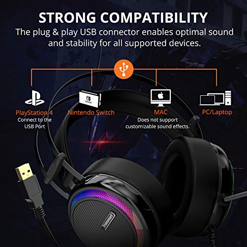 Tronsmart Auriculares Gaming Sonido Envolvente 7.1-Drivers de Transductores 50mm-Profesional con Micrófono Diadema-Cancelación de Ruido-Glary-Cascos Gaming-Función Mute y Luces LED,PC&PS4 gamer