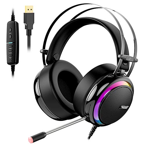 Tronsmart Auriculares Gaming Sonido Envolvente 7.1-Drivers de Transductores 50mm-Profesional con Micrófono Diadema-Cancelación de Ruido-Glary-Cascos Gaming-Función Mute y Luces LED,PC&PS4 gamer