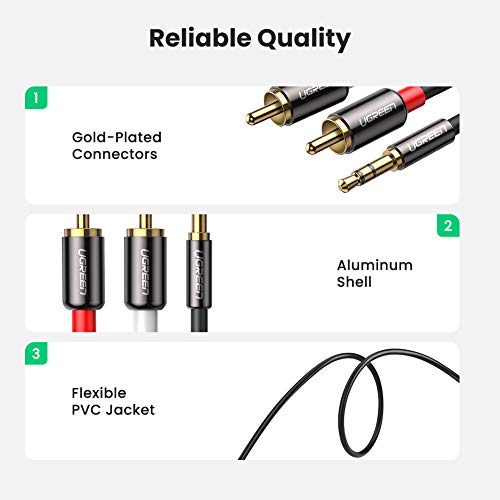 UGREEN Cable Audio Estéreo Jack 3,5mm a 2RCA, Cable Minijack 3,5mm a 2 RCA Macho a Macho con Conector Metálico para Móvil iPhone iPod Smart TV Reproductor MP3 Tablet PC Amplificador Altavoz, 2Metros