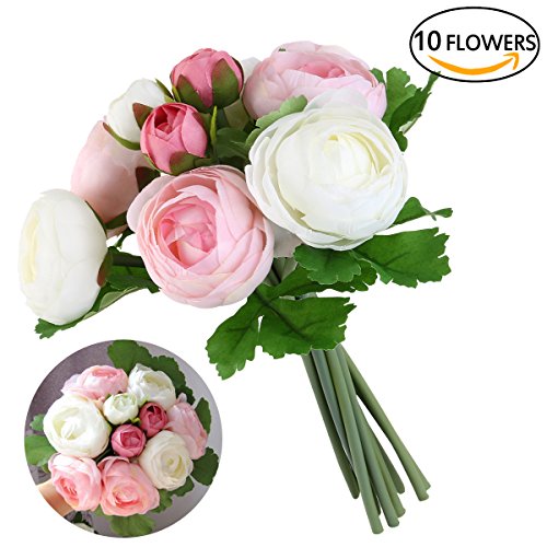 ULTNICE 10pcs vivo Aritifitial Camelia flores ramo de novia flores para banquete de bodas (rosa + blanco)