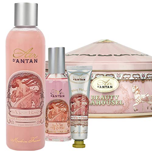 Un Air d’Antan Caja Belleza Rose Mujer, 1 Colonia 55ml,1 Gel Ducha 250ml,1 Crema de Manos Reparadora 25ml, Perfume Melocotón, Rosa y Pachulí, Navidad Regalo Mujer Originales Cumpleaños