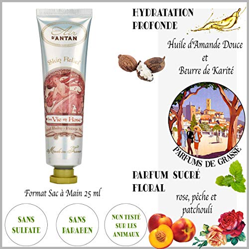 Un Air d’Antan Crema de Manos Francesa Rose con Manteca de Karite y Aceite de Almendras, Perfume Melocotón, Petalos de Rosa, Pachulí, Formula Hidratante, Reparadora, Para Mujer– Idea Regalo, 25ml