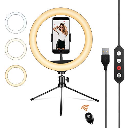 UPhitnis Luz de Anillo LED 10" fotográfica de Escritorio, 3 Colores 10 Brillos Regulables Control Remoto, Trípode con Soporte Giratorio de teléfono para Selfie, Maquillaje, Youtube, TIK Tok