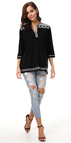 Urban GoCo Mujer Camisas Manga 3/4 Boho Blusa Bordado T-Shirt Tops (X-Large, Negro)