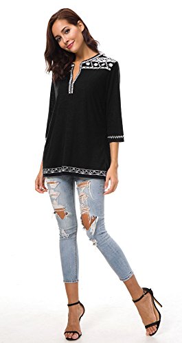 Urban GoCo Mujer Camisas Manga 3/4 Boho Blusa Bordado T-Shirt Tops (X-Large, Negro)