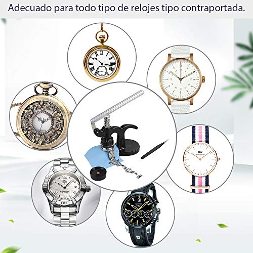 Vastar Herramienta de Prensa de Tapa de Reloj - Herramienta de Reloj para Cierre de Presión la Tapa Trasera de Reloj con Pinzas, Base Fija, Palanca, el Manual del Usuario y 12 Troqueles（Negro）