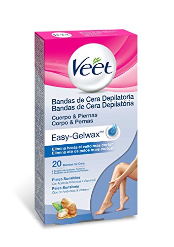 Veet Bandas de Cera Fria Depilatoria para Depilación de Cuerpo y Piernas con Aceite de Almendras, Easy Gelwax, Pieles Sensibles, 20 bandas