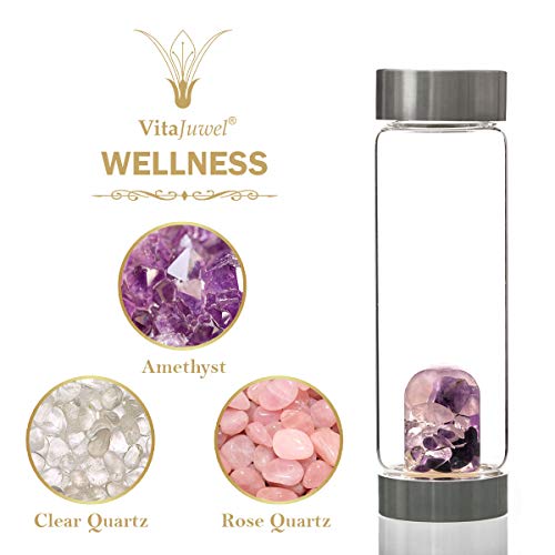 ViA WELLNESS (BIENESTAR) - Botella de agua de cristal con amatista, cuarzo rosa, cuarzo claro