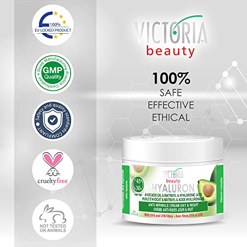 Victoria Beauty - Ácido hialurónico, crema antiarrugas, día y noche, crema de aceite de aguacate y Matrixyl con filtro UV para mayores de 30 años - 50 ml