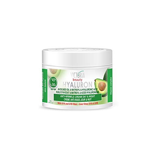 Victoria Beauty - Ácido hialurónico, crema antiarrugas, día y noche, crema de aceite de aguacate y Matrixyl con filtro UV para mayores de 30 años - 50 ml