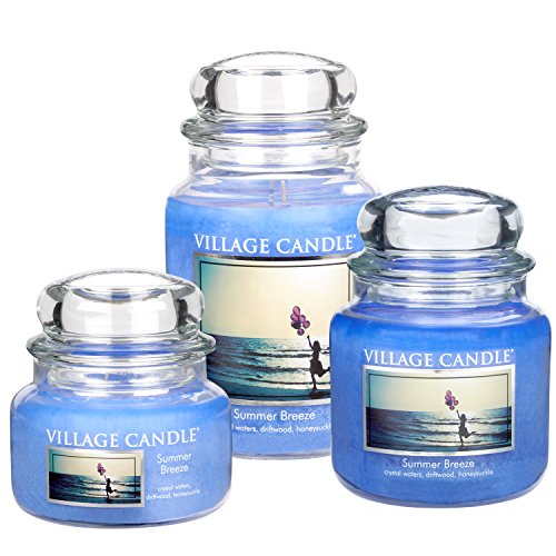 Village Candle Vela con Aroma Brisa de Verano, Cristal, Azul, 10.3x10.6x12.4 cm